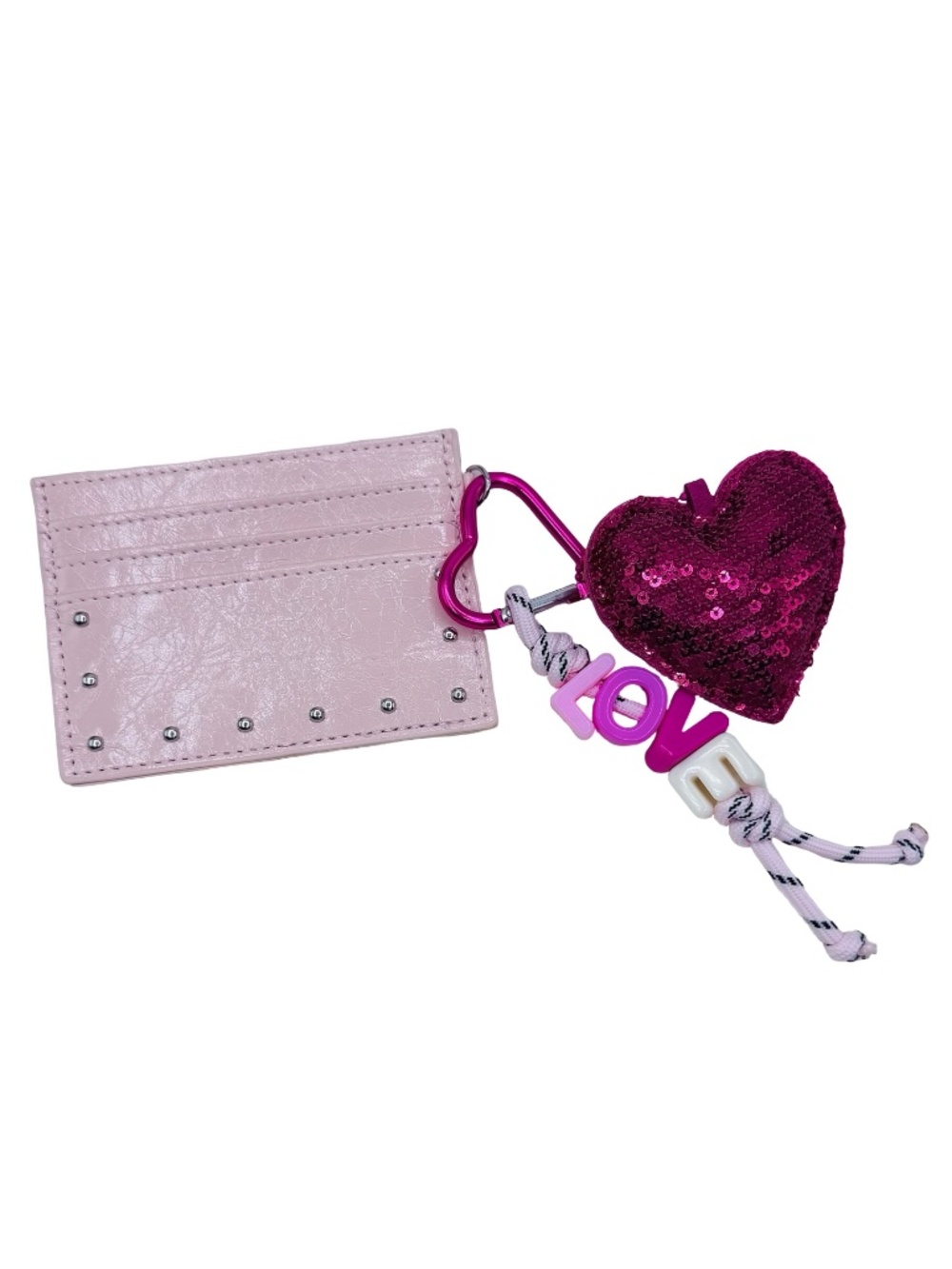 Pink Card Holder Wallet w/ Heart Keychain & LOVE Charm – Faux Leather